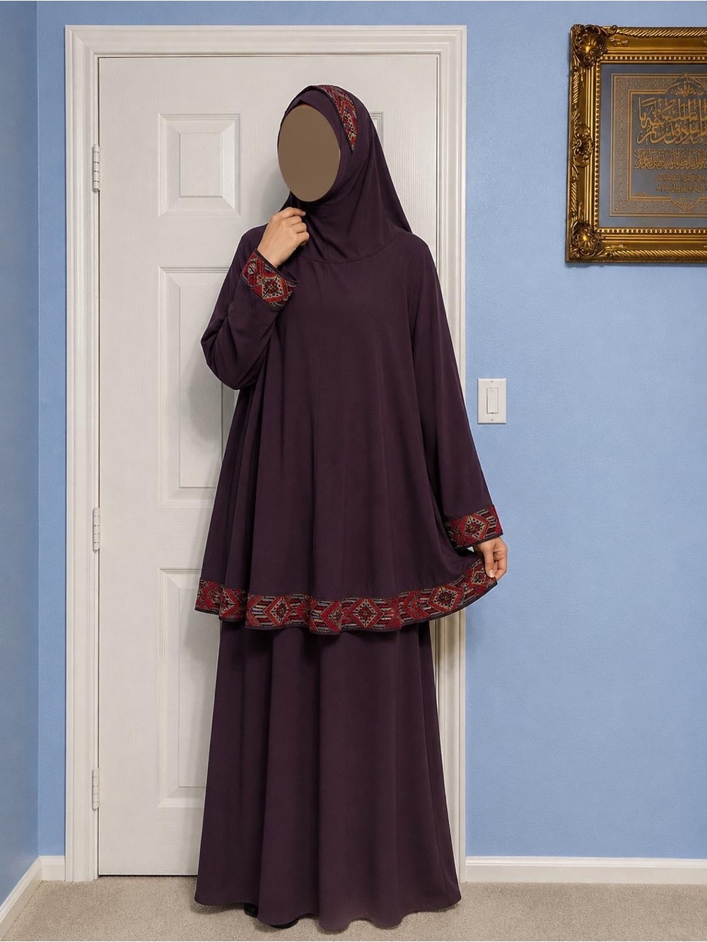 Modest Two-Piece Prayer Set in Deep Plum with Red Geometric Trim
